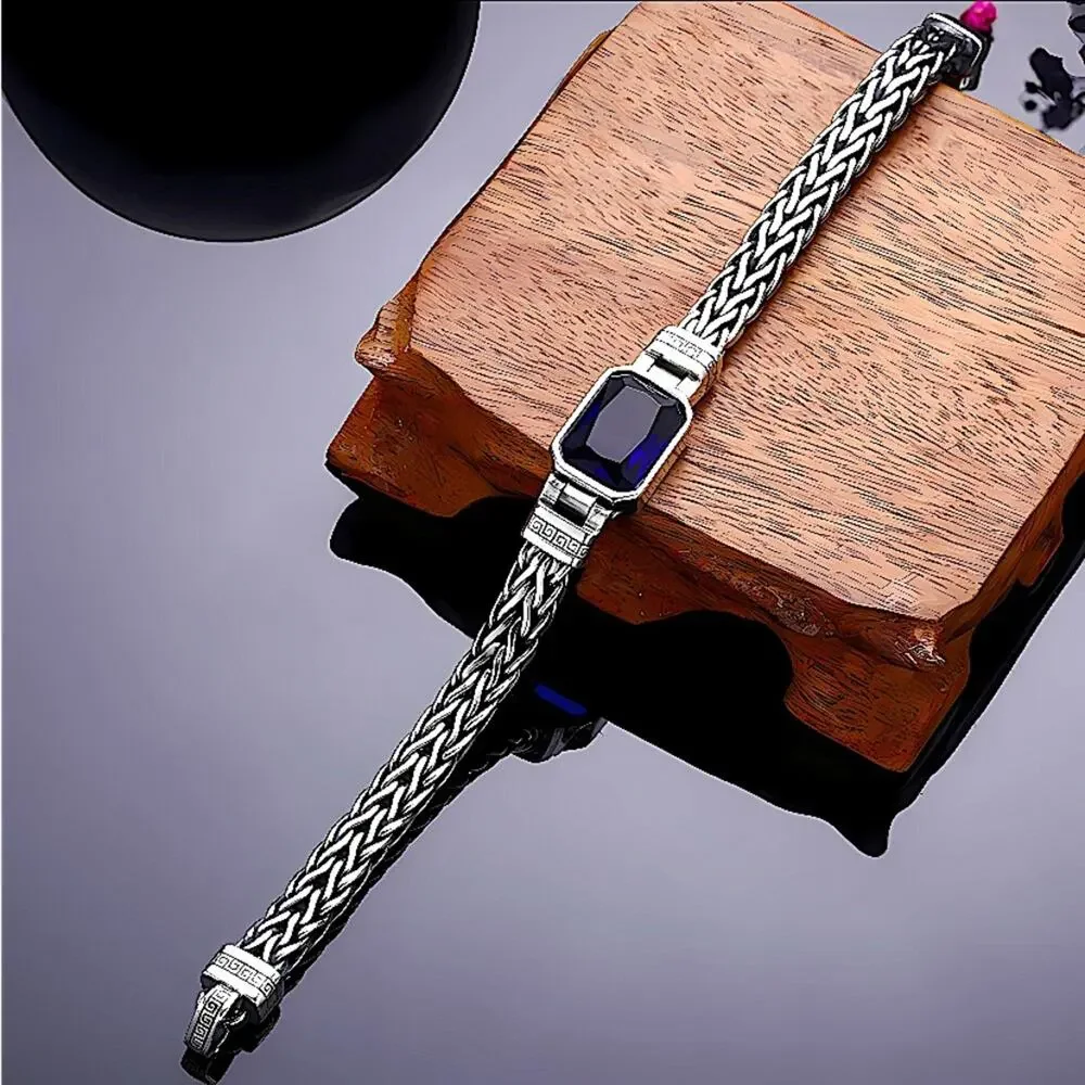 Sterling Silver Blue Zircon Braided Bracelet, Unisex, Handmade